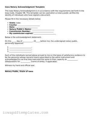Printable Notary Acknowledgement Document for Iowa State