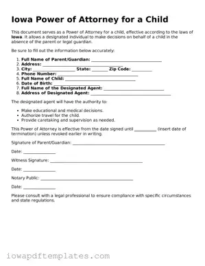 Printable Power of Attorney for a Child Document for Iowa State